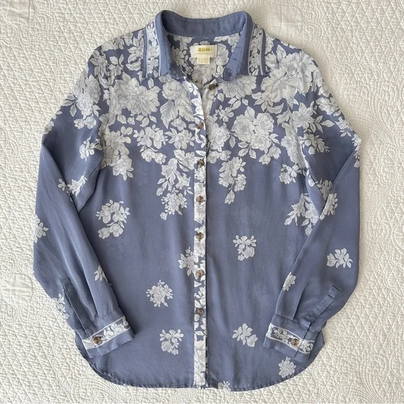 Anthropologie Maeve Blue White Rosalee 100% Silk Floral Blouse - Picture 2 of 11